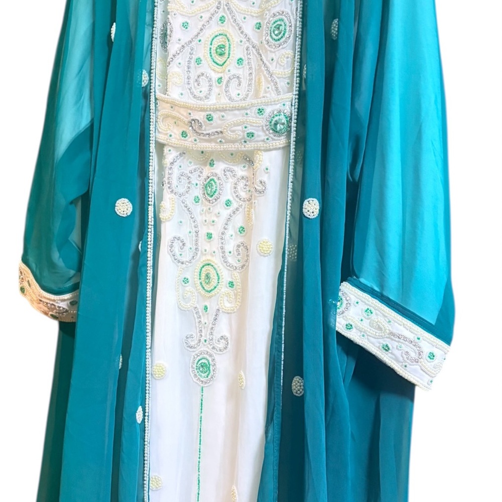 Elegant Teal and White Embroidered Dress
